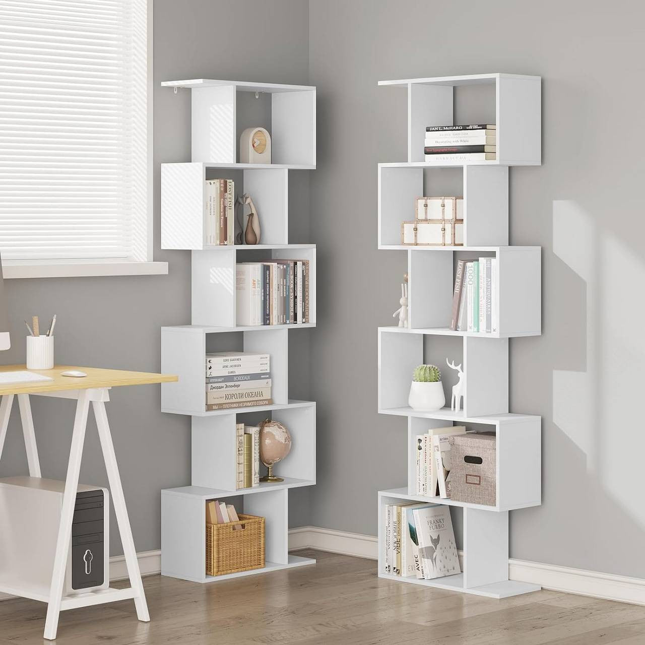 24goodz S-Shaped Bookshelf - Spacious Storage with 6 Levels - E1 Wood - For Home & Office - White + Light Oak - 60x189.5x24 cm