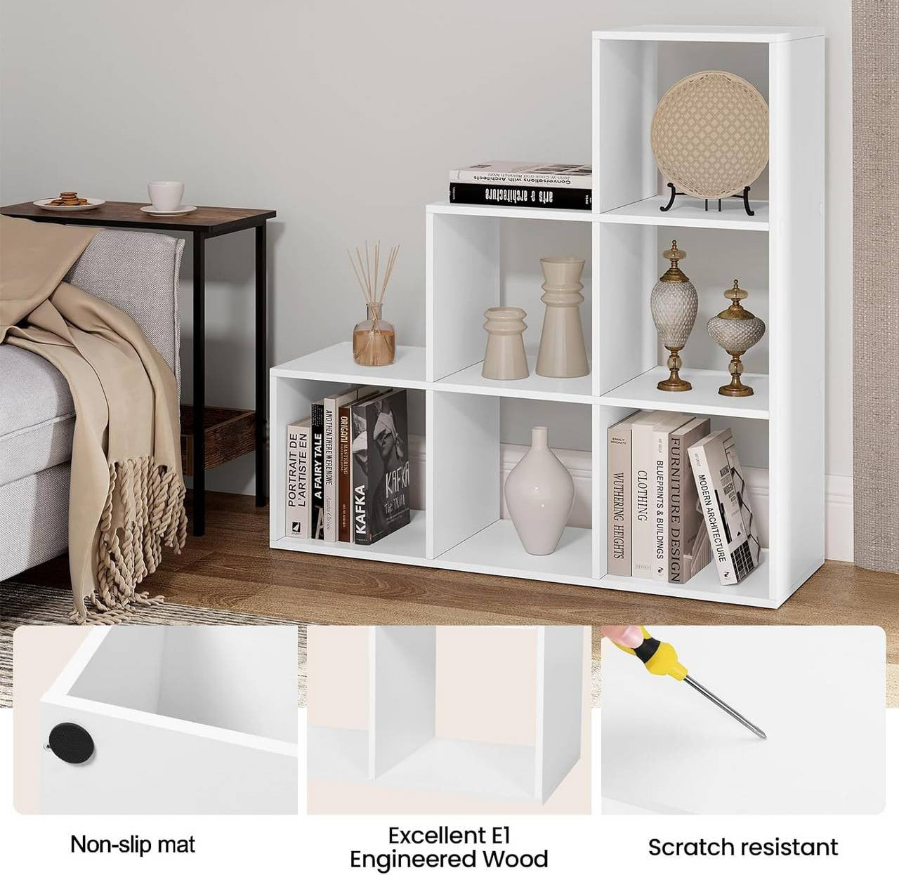 24goodz Bookshelf with 6 Compartments - Stylish and Chic Design - E1 Wood Material - White - 90x29x90 cm