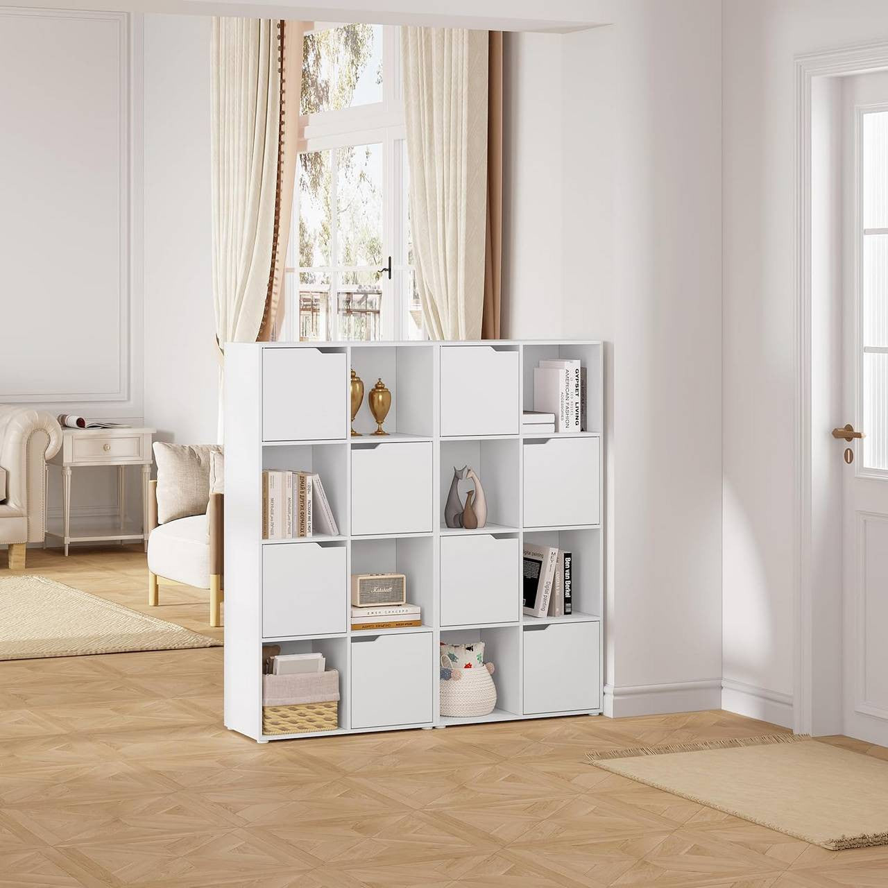 24goodz 8-Cube Bookcase with 4 Doors - Space-Saving Design - E1 Wood Material - For Home and Office - White/Oak