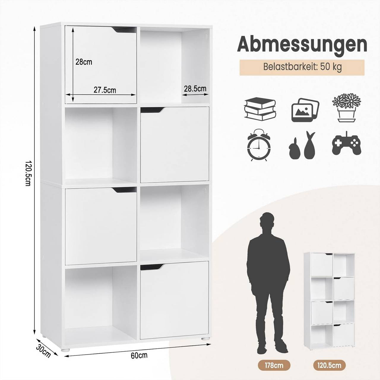 24goodz 8-Cube Bookcase with 4 Doors - Space-Saving Design - E1 Wood Material - For Home and Office - White/Oak