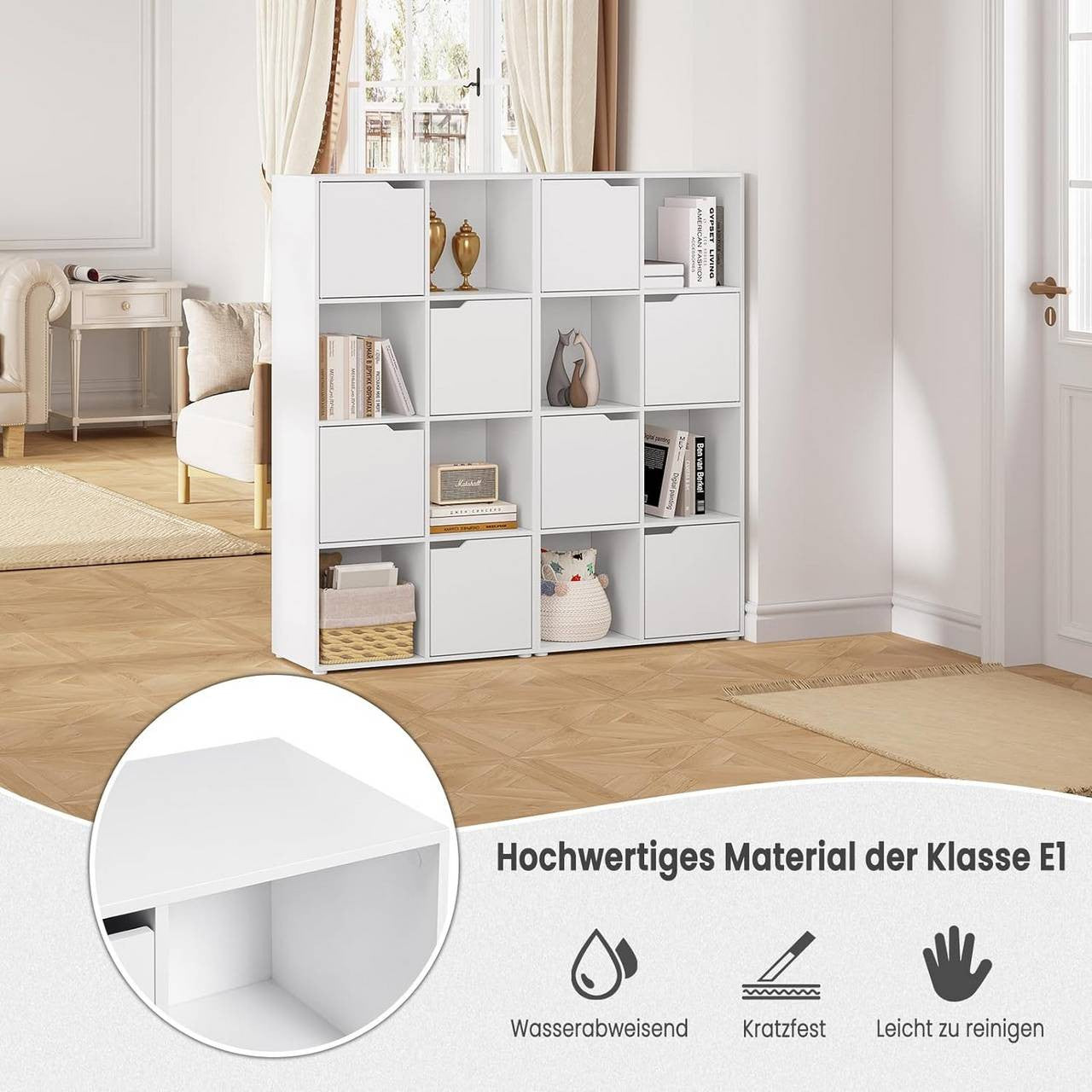 24goodz 8-Cube Bookcase with 4 Doors - Space-Saving Design - E1 Wood Material - For Home and Office - White/Oak
