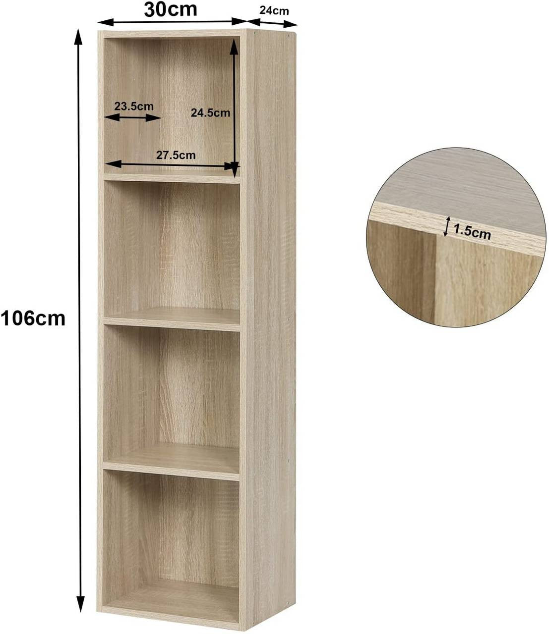 24goodz Open Bookshelf with 4 Compartments - Stable and Safe Design - E1 Particle Board with Melamine Veneer - For Home and Office - Oak - hei