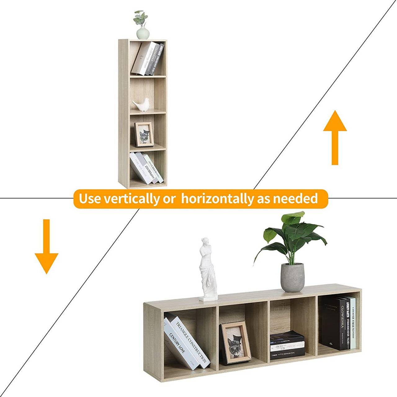 24goodz Open Bookshelf with 4 Compartments - Stable and Safe Design - E1 Particle Board with Melamine Veneer - For Home and Office - Oak - hei