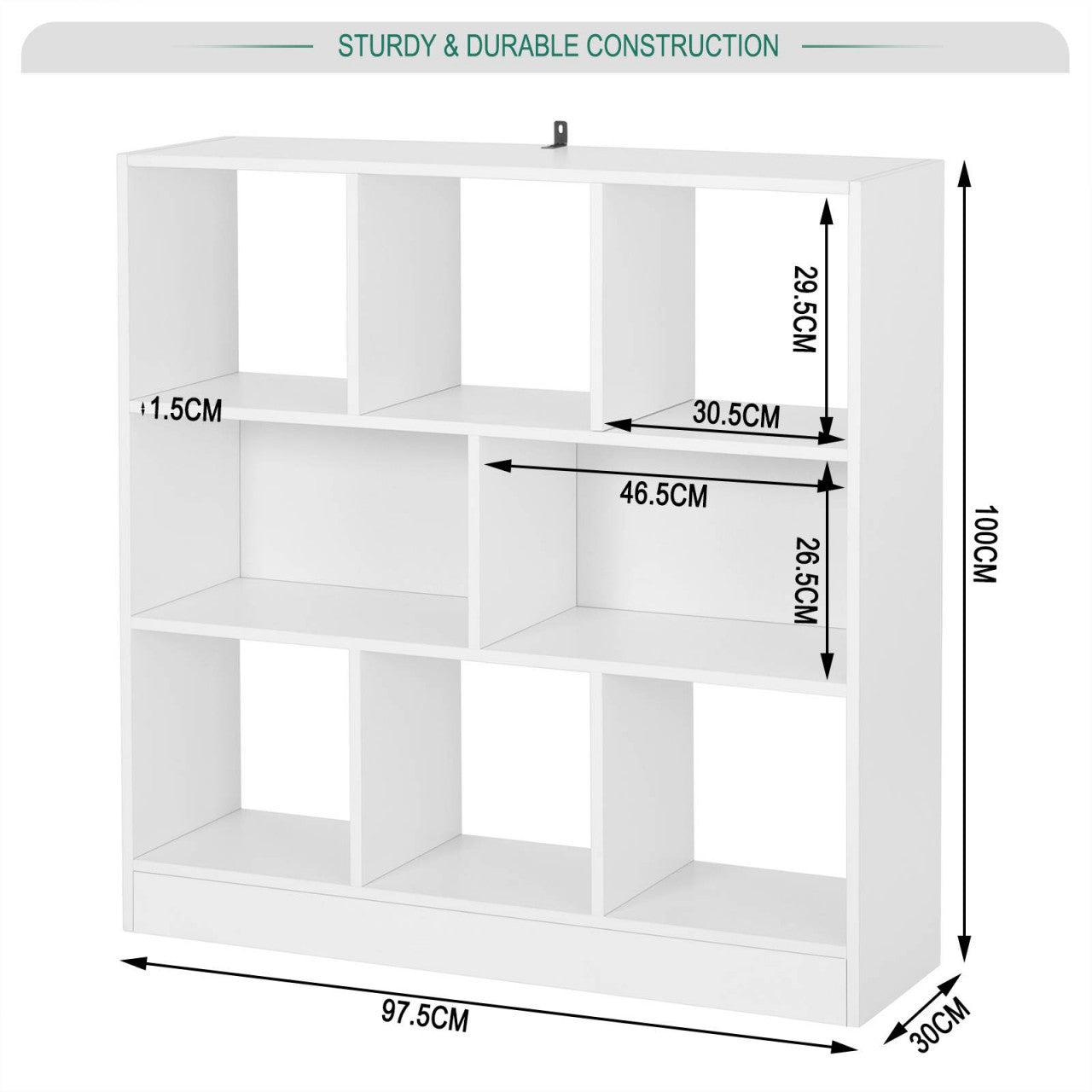 24goodz White Bookshelf with 8 Shelves - Robust and Versatile - E1 Particle Board - For Home and Office - 97.5 x 100 x 30 cm - ws