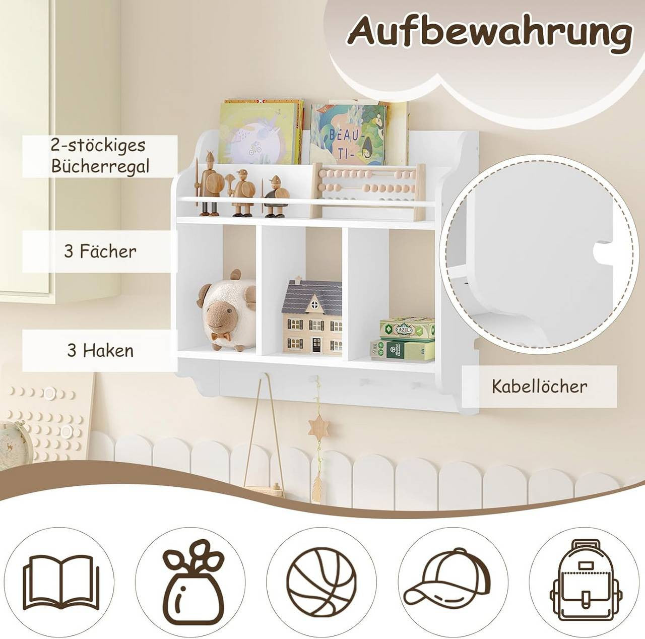 24goodz Kids Wall Shelf - Versatile Storage Space - Safe Design - MDF + Pine Wood - White - 60x57x20 cm