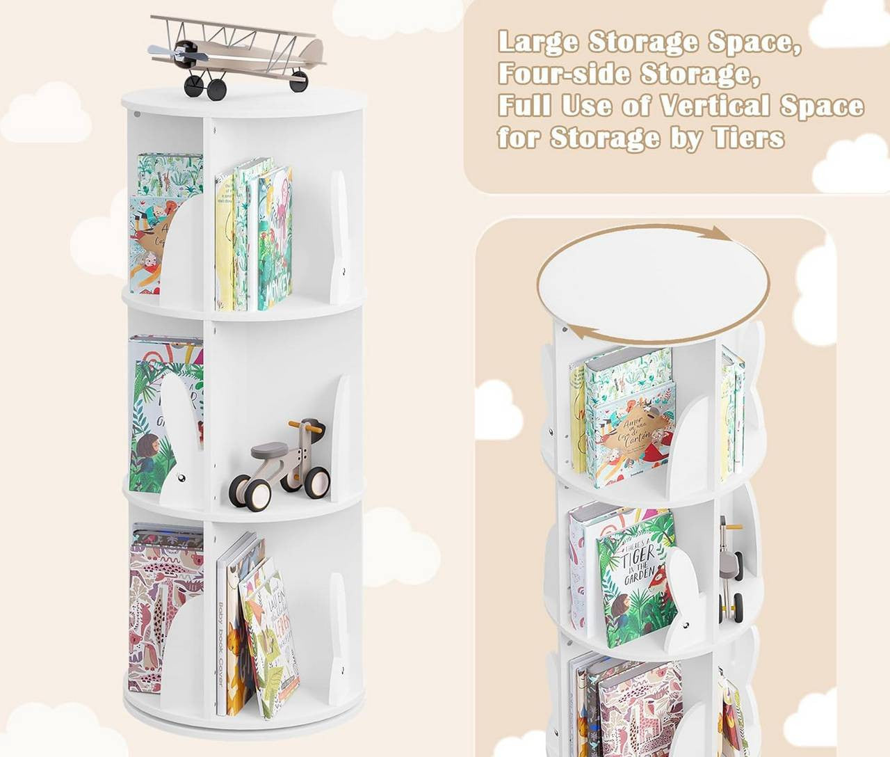 24goodz Kids Bookcase - 360° Rotatable & Stable - E1 MDF - For Children - White