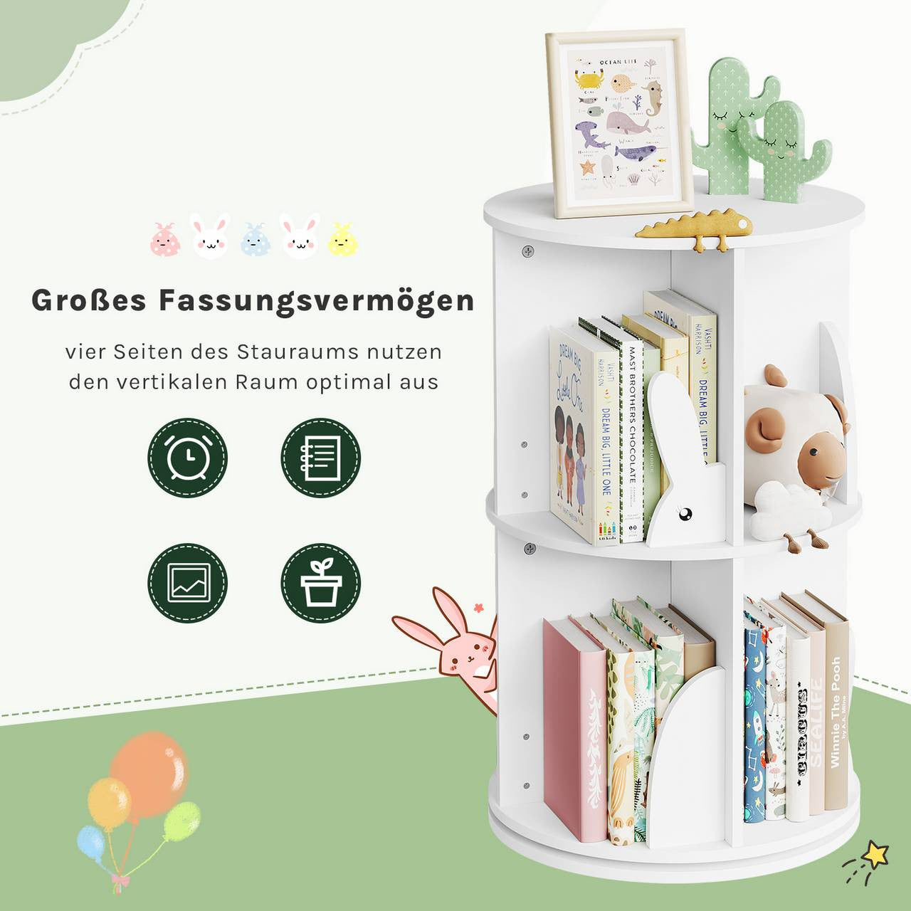 24goodz Rotating Children's Bookcase - 360° Rotatable & Stable - E1 Class MDF - For Children - White