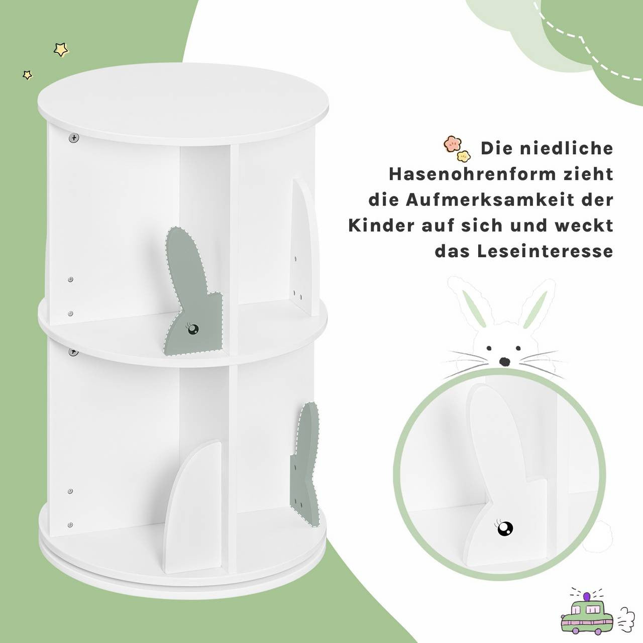 24goodz Rotating Children's Bookcase - 360° Rotatable & Stable - E1 Class MDF - For Children - White