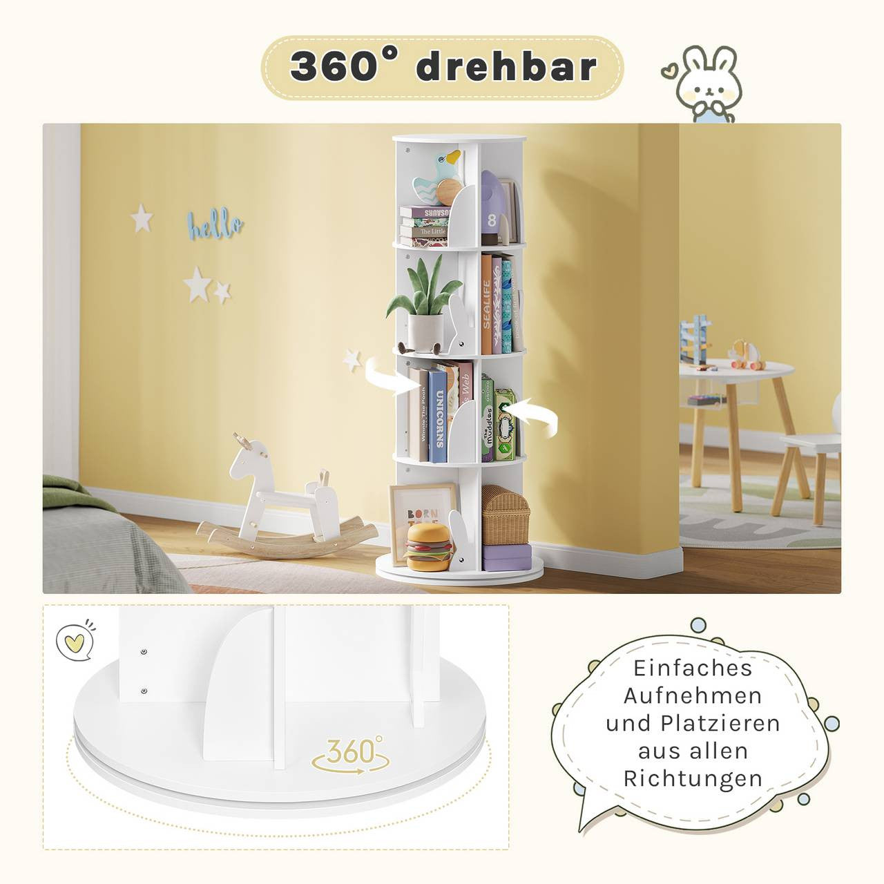 24goodz Rotating Children's Bookshelf - 360° Swivel Design - High-Quality MDF - For Kids - White