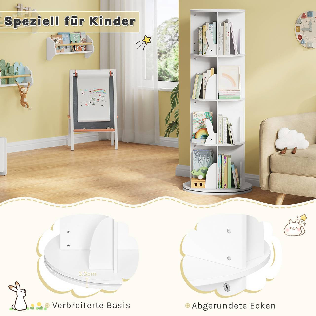 24goodz Rotating Children's Bookshelf - 360° Swivel Design - High-Quality MDF - For Kids - White