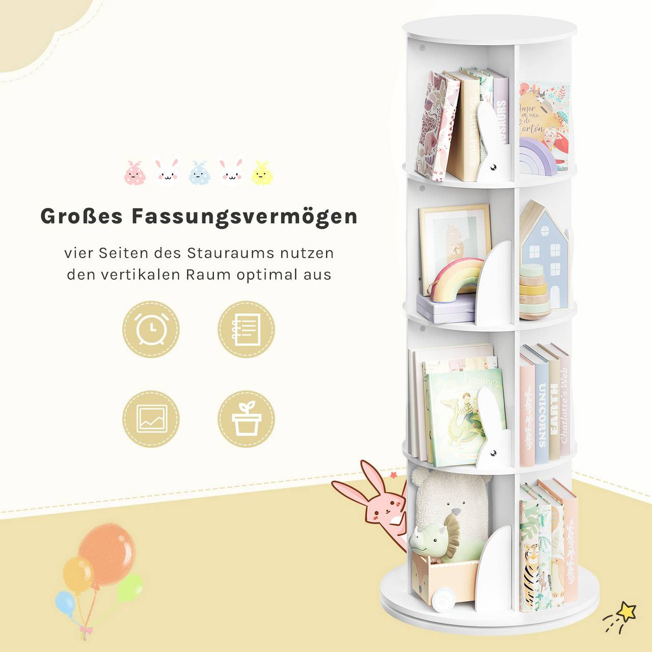 24goodz Rotating Children's Bookshelf - 360° Swivel Design - High-Quality MDF - For Kids - White