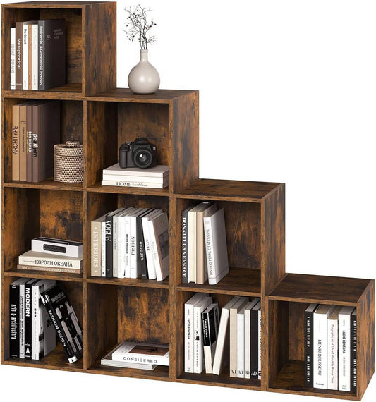 24goodz Bookcase Room Divider with 10 Cubes - Stable & Safe Design - E1-Class Engineered Wood - For Home & Office - Rustic Brown