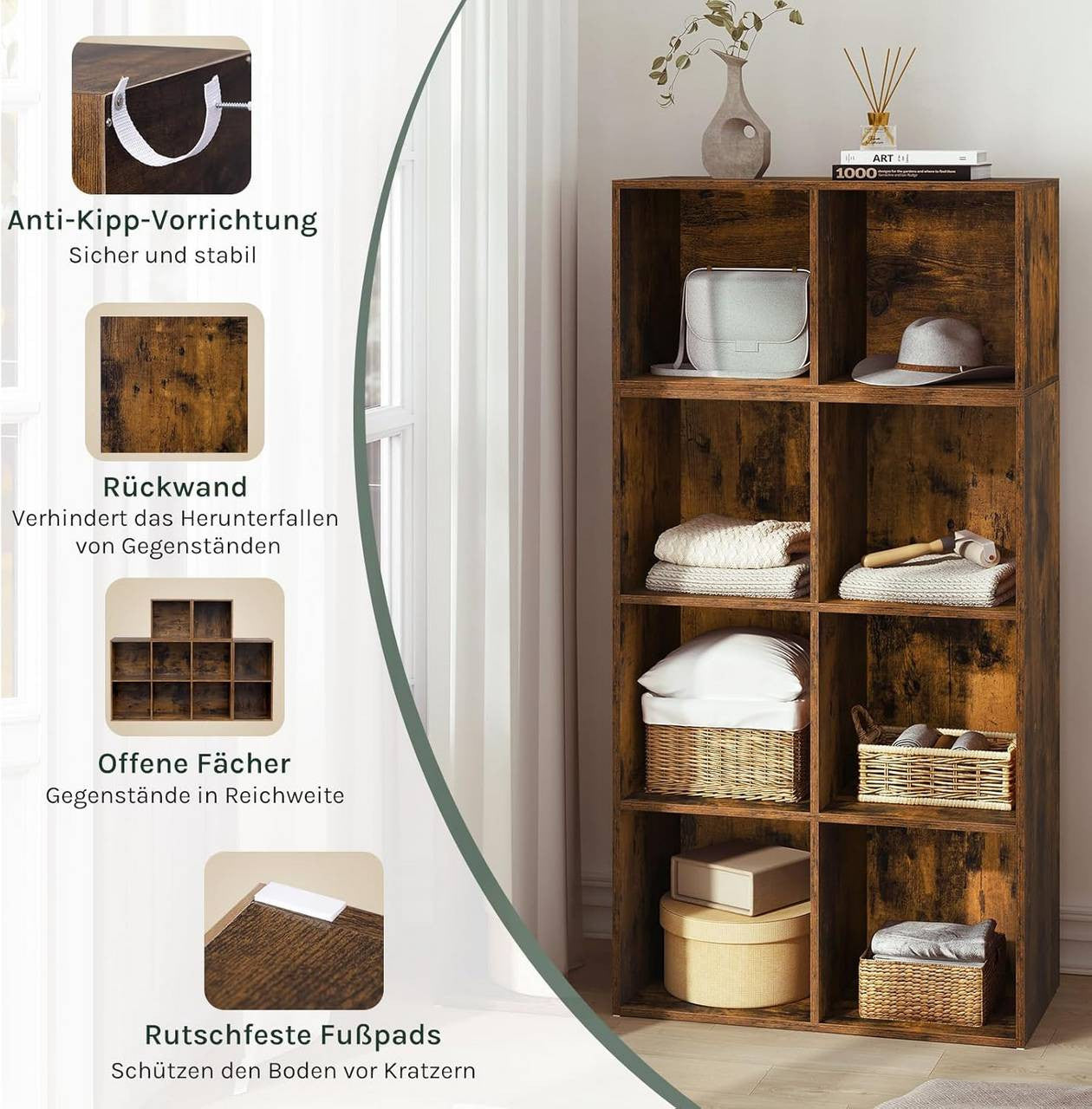 24goodz Bookcase Room Divider with 10 Cubes - Stable & Safe Design - E1-Class Engineered Wood - For Home & Office - Rustic Brown