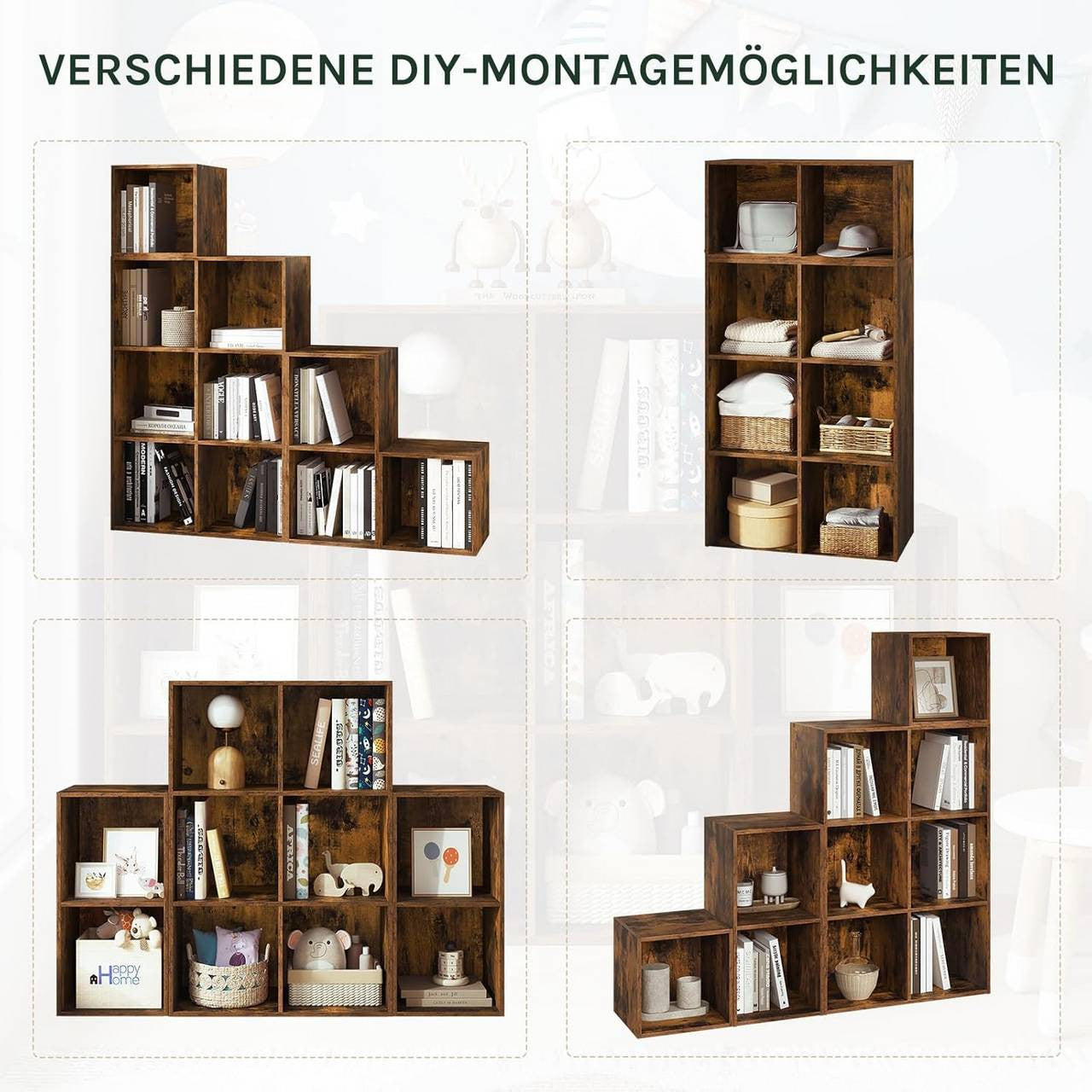 24goodz Bookcase Room Divider with 10 Cubes - Stable & Safe Design - E1-Class Engineered Wood - For Home & Office - Rustic Brown