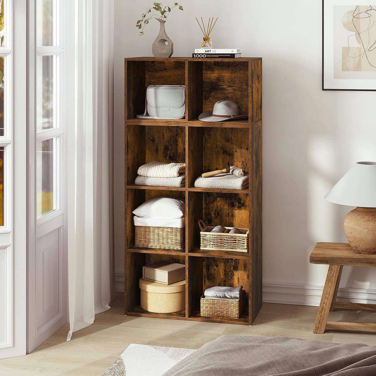 24goodz Bookcase Room Divider with 10 Cubes - Stable & Safe Design - E1-Class Engineered Wood - For Home & Office - Rustic Brown