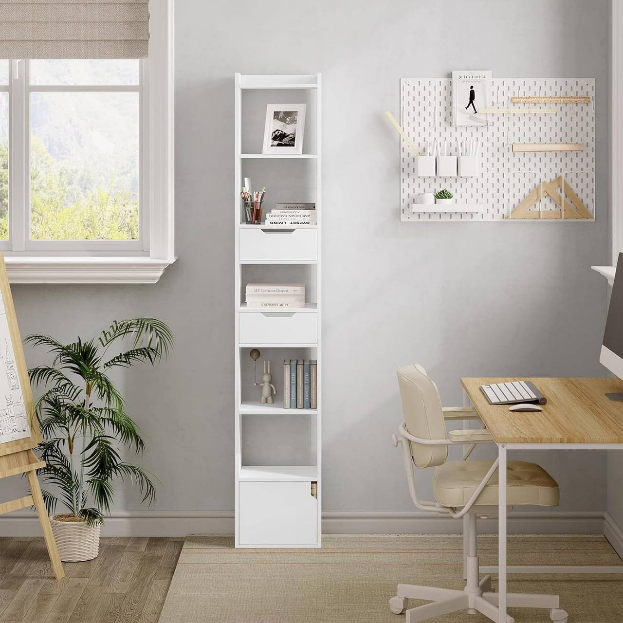 24goodz Bookcase with 6 Shelves, 2 Drawers, and 1 Door - Ample Storage Space - Sturdy & Stable - E1 Wood Material - White/Oak