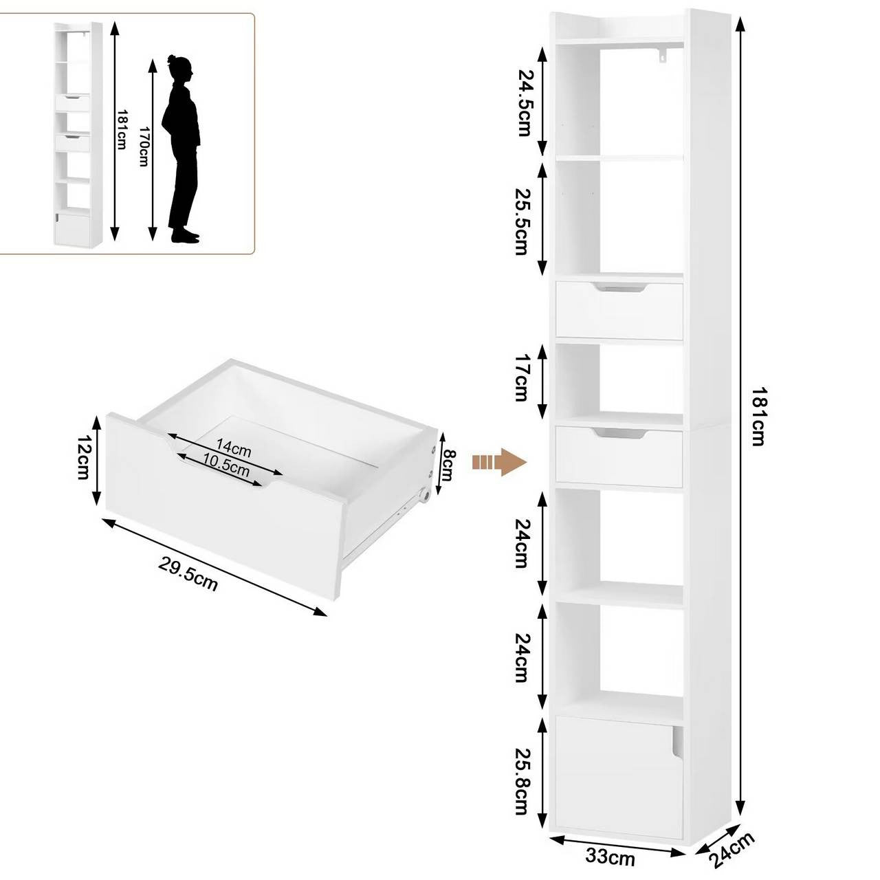24goodz Bookcase with 6 Shelves, 2 Drawers, and 1 Door - Ample Storage Space - Sturdy & Stable - E1 Wood Material - White/Oak