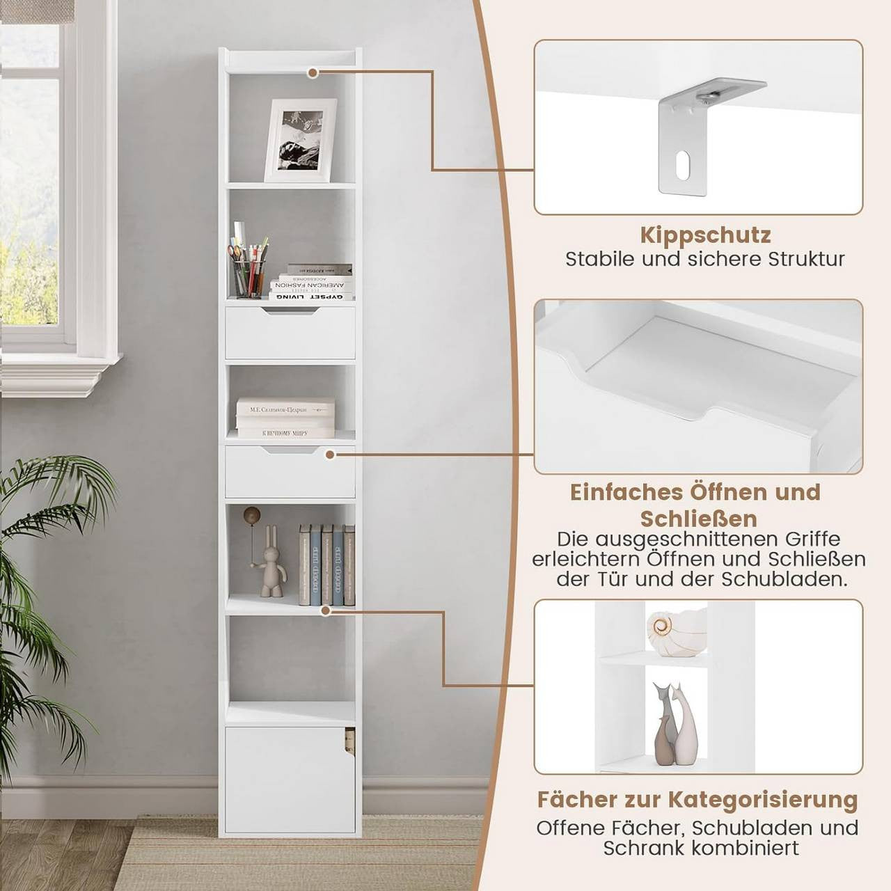 24goodz Bookcase with 6 Shelves, 2 Drawers, and 1 Door - Ample Storage Space - Sturdy & Stable - E1 Wood Material - White/Oak