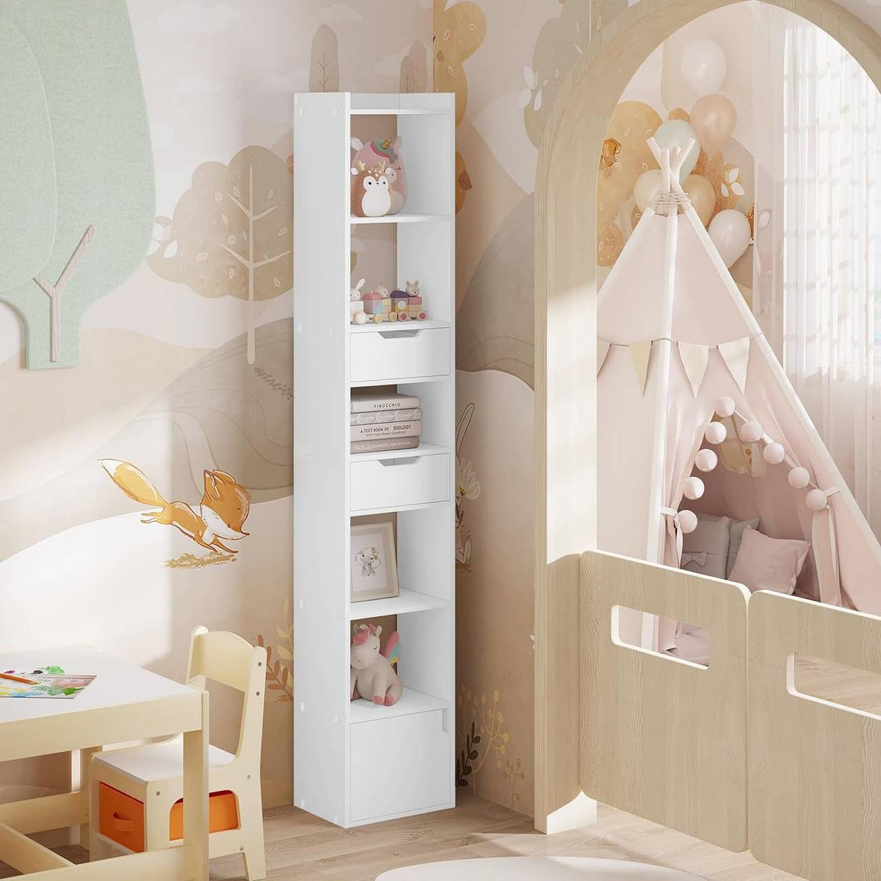 24goodz Bookcase with 6 Shelves, 2 Drawers, and 1 Door - Ample Storage Space - Sturdy & Stable - E1 Wood Material - White/Oak