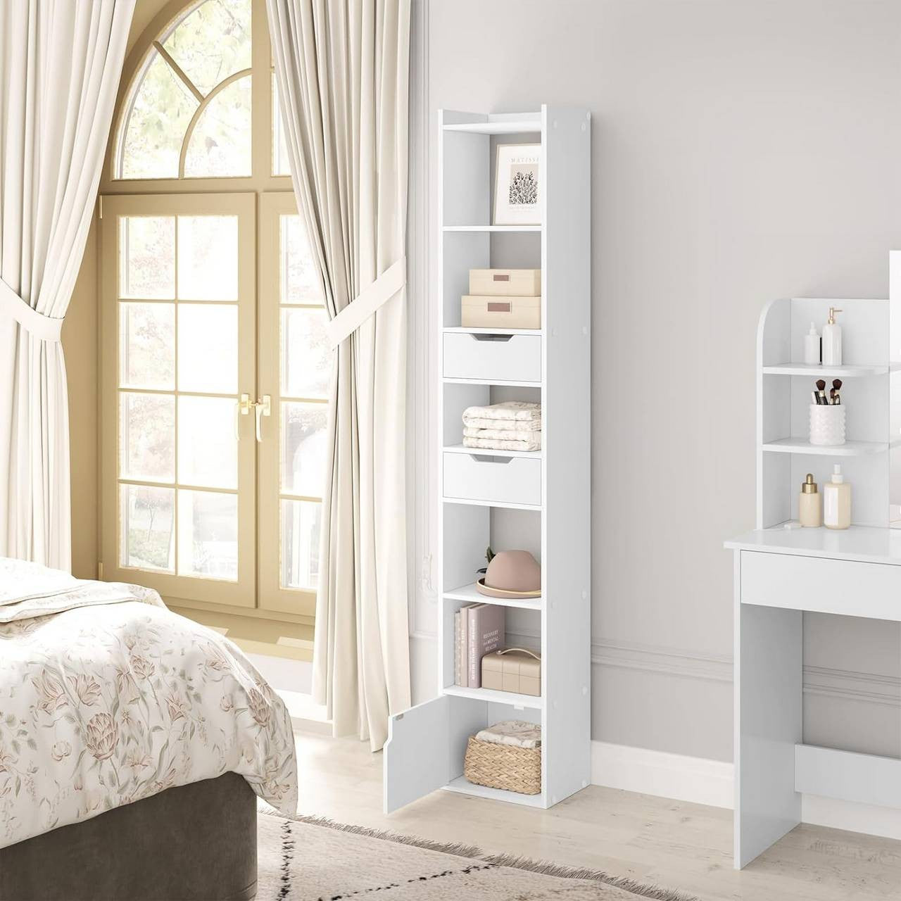 24goodz Bookcase with 6 Shelves, 2 Drawers, and 1 Door - Ample Storage Space - Sturdy & Stable - E1 Wood Material - White/Oak