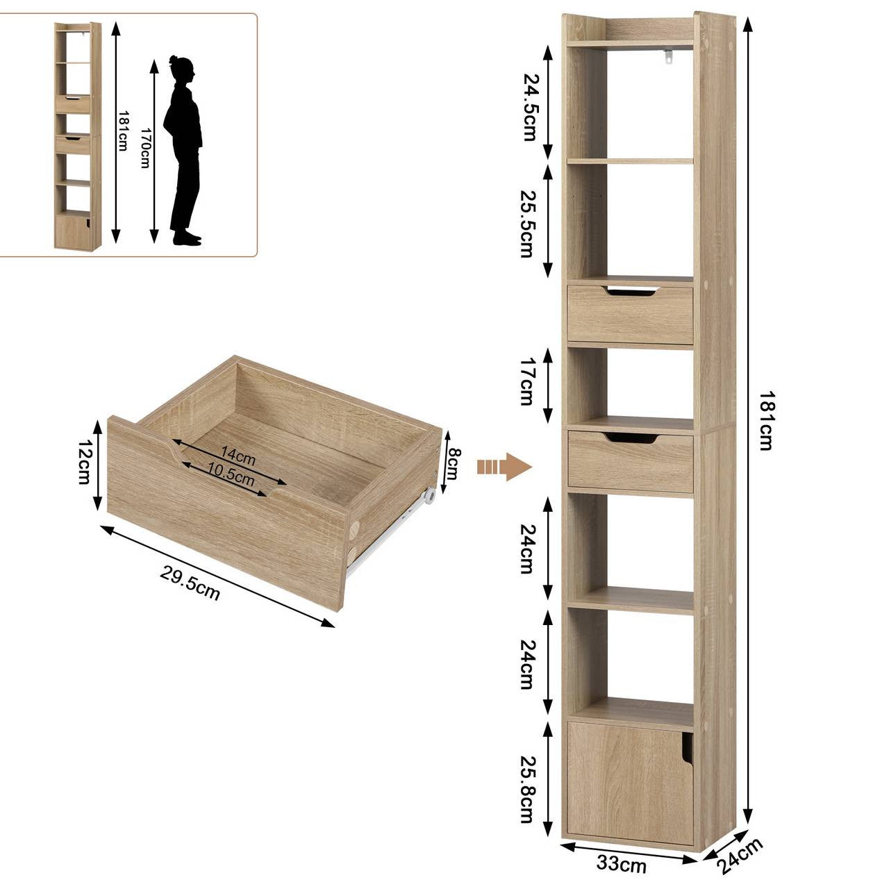 24goodz Bookcase with 6 Shelves - Space-Saving Design - E1 Wood Material - For Home and Office - White/Light Oak