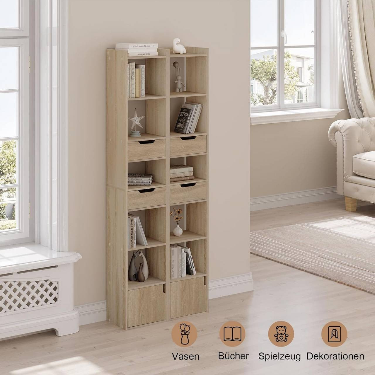 24goodz Bookcase with 6 Shelves - Space-Saving Design - E1 Wood Material - For Home and Office - White/Light Oak