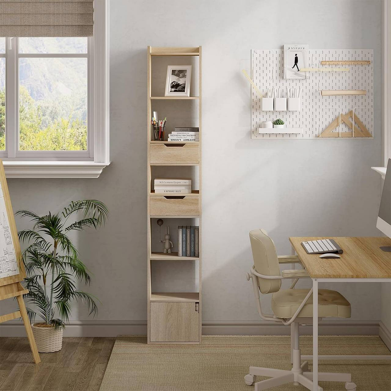 24goodz Bookcase with 6 Shelves - Space-Saving Design - E1 Wood Material - For Home and Office - White/Light Oak