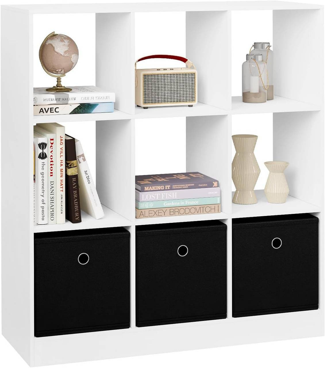24goodz Bookcase with 9 Cubes and 3 Fabric Drawers - Ample Storage Space - Durable E1 Wood Material - For Home and Office - White/Oak