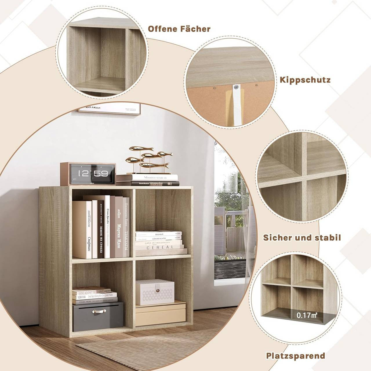 24goodz Cube Bookshelf - Sturdy and Safe Construction - Space-Saving Design - E1 Wood-Based Material - Light Oak - hei