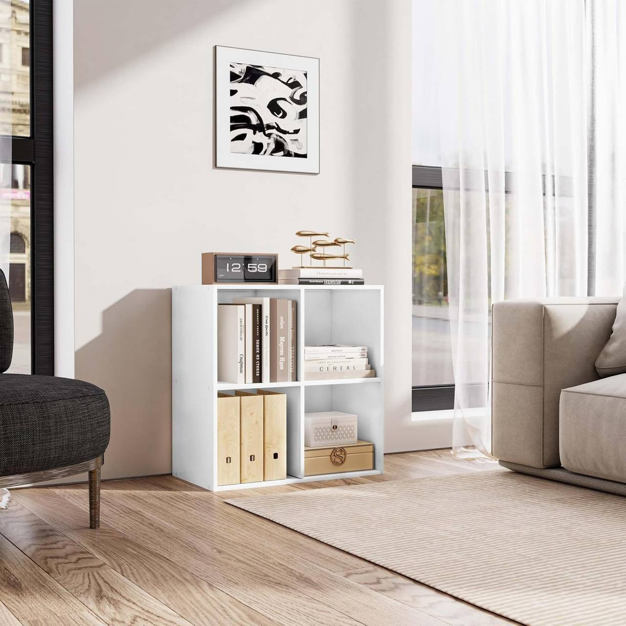 24goodz Cube Shelf with 4 Compartments - Space-Saving Design - Easy to Assemble - Wood-Based Material - White - ws