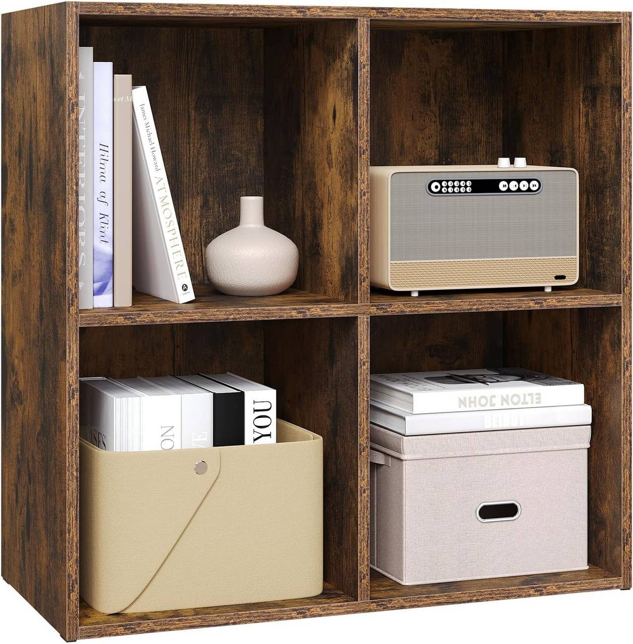 24goodz Cube Shelf with 4 Compartments - Space-Saving Design - Easy to Assemble - Wood-Based Material - Rustic Brown