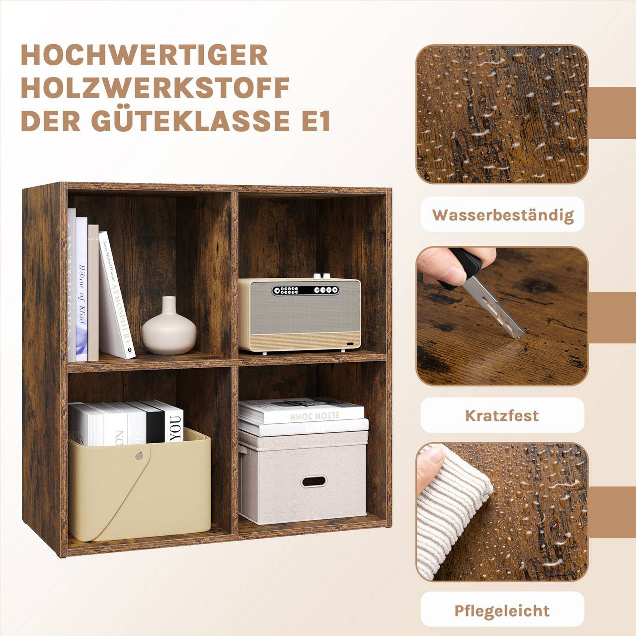 24goodz Cube Shelf with 4 Compartments - Space-Saving Design - Easy to Assemble - Wood-Based Material - Rustic Brown