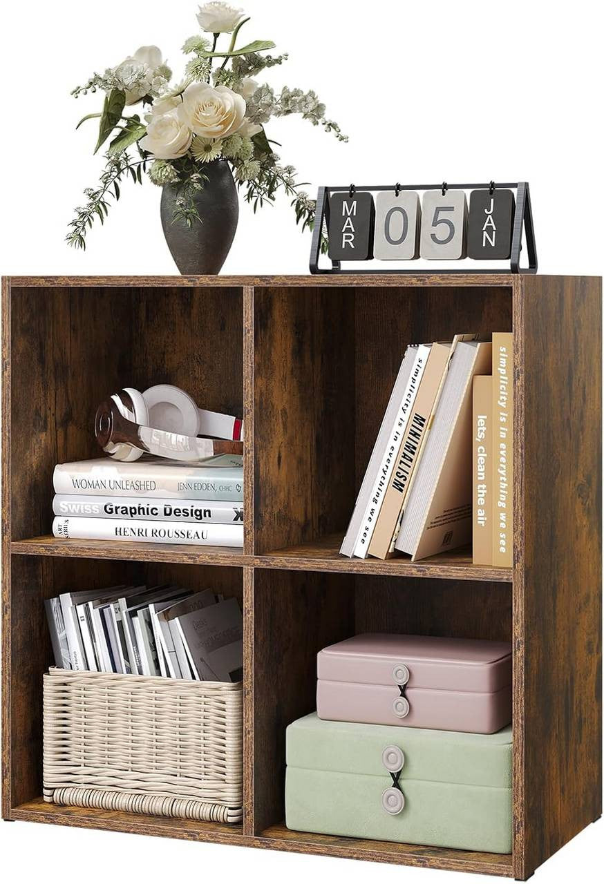 24goodz Cube Shelf with 4 Compartments - Space-Saving Design - Easy to Assemble - Wood-Based Material - Rustic Brown