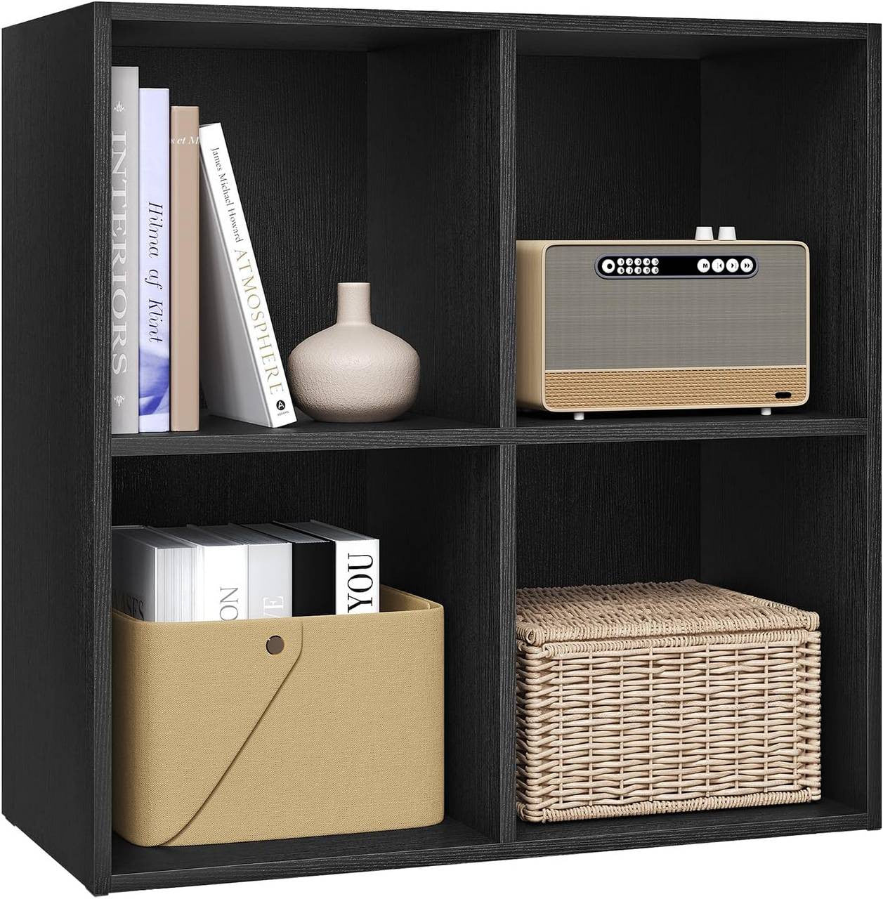 24goodz Cube Bookshelf with 4 Compartments - Sturdy and Safe Construction - Space-Saving Design - Wood-Based Material - Black
