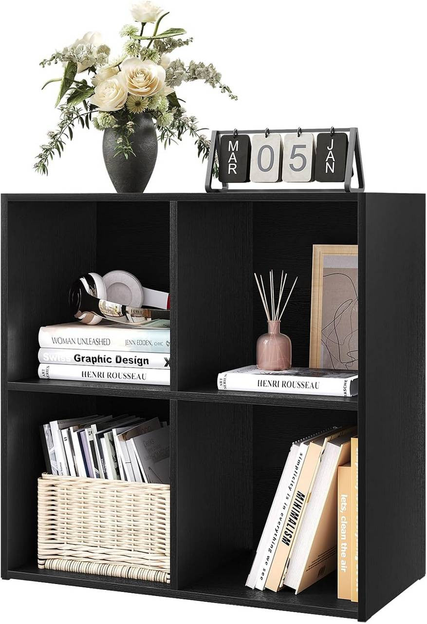24goodz Cube Bookshelf with 4 Compartments - Sturdy and Safe Construction - Space-Saving Design - Wood-Based Material - Black