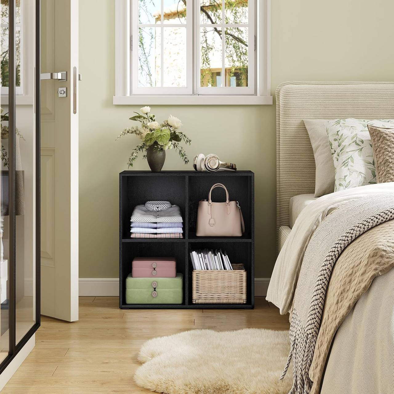 24goodz Cube Bookshelf with 4 Compartments - Sturdy and Safe Construction - Space-Saving Design - Wood-Based Material - Black