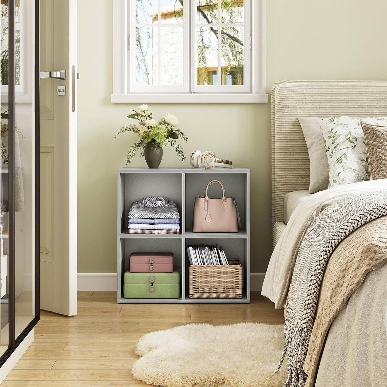 24goodz Cube Bookshelf with 4 Compartments - Sturdy and Safe Construction - Space-Saving Design - MDF - For Home and Office - Grey