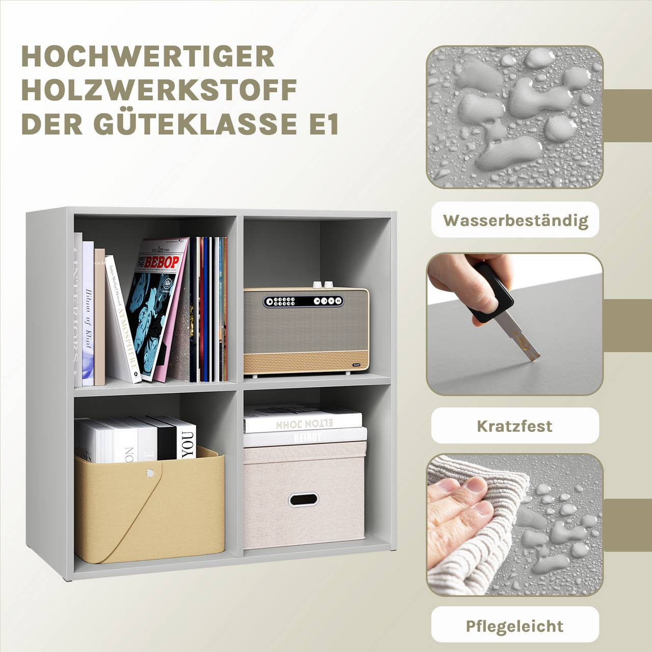 24goodz Cube Bookshelf with 4 Compartments - Sturdy and Safe Construction - Space-Saving Design - MDF - For Home and Office - Grey