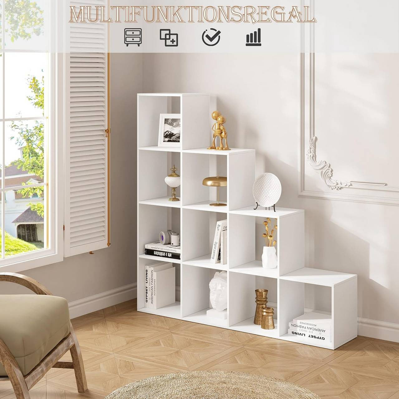 24goodz Stylish Bookshelf with 10 Compartments - Large Storage Capacity - E1 Wood Material - For Home & Office - White