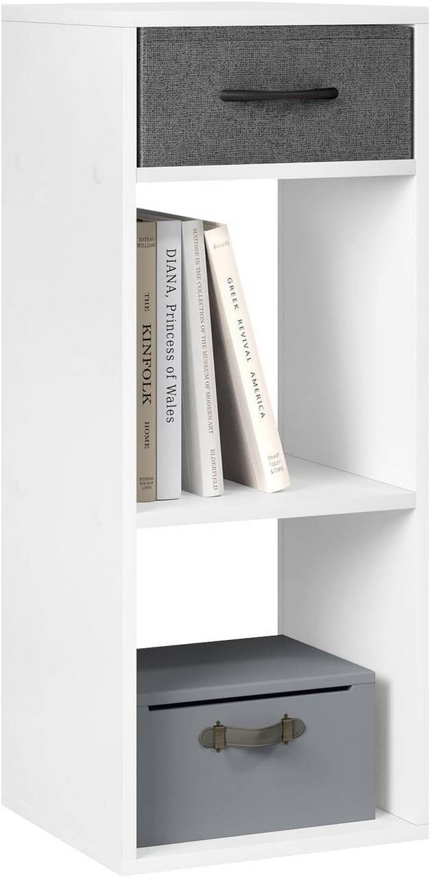 24goodz Bookcase with 3 Levels, 1 Fabric Drawer, 2 Cubes - Space-Saving Design - E1 Wood Material - For Home & Office - White