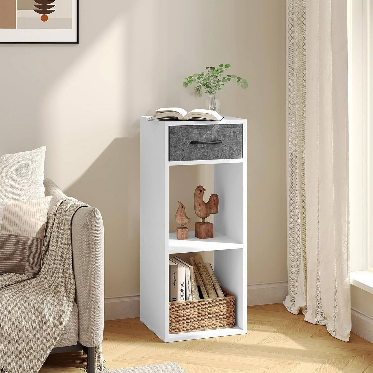 24goodz Bookcase with 3 Levels, 1 Fabric Drawer, 2 Cubes - Space-Saving Design - E1 Wood Material - For Home & Office - White
