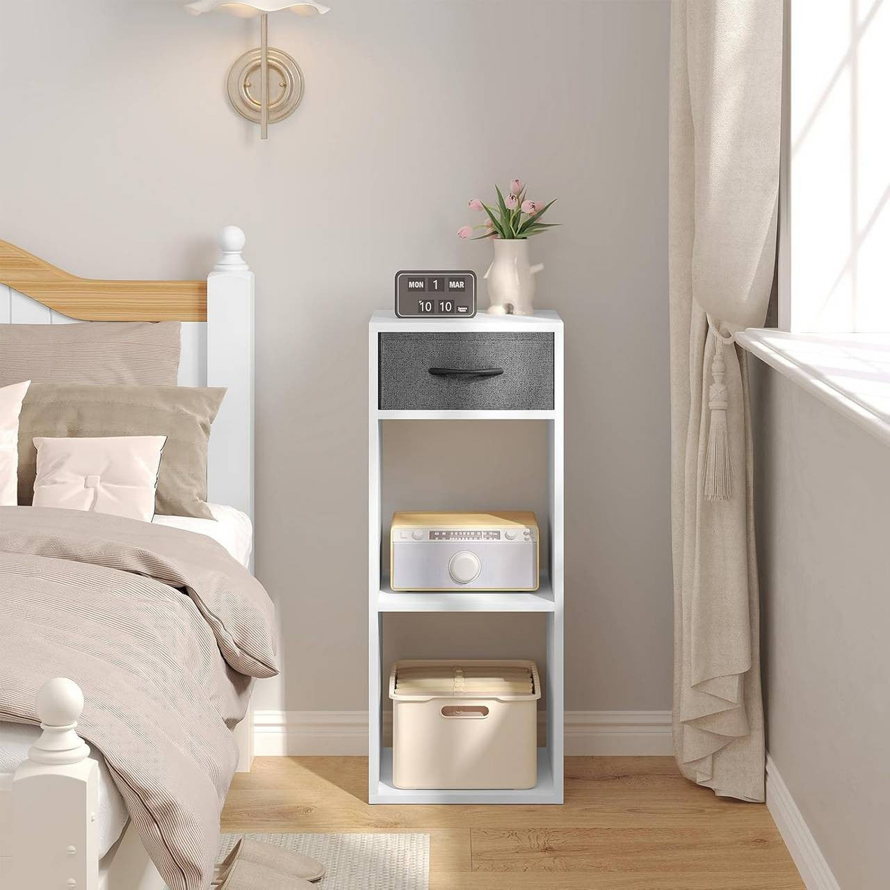 24goodz Bookcase with 3 Levels, 1 Fabric Drawer, 2 Cubes - Space-Saving Design - E1 Wood Material - For Home & Office - White