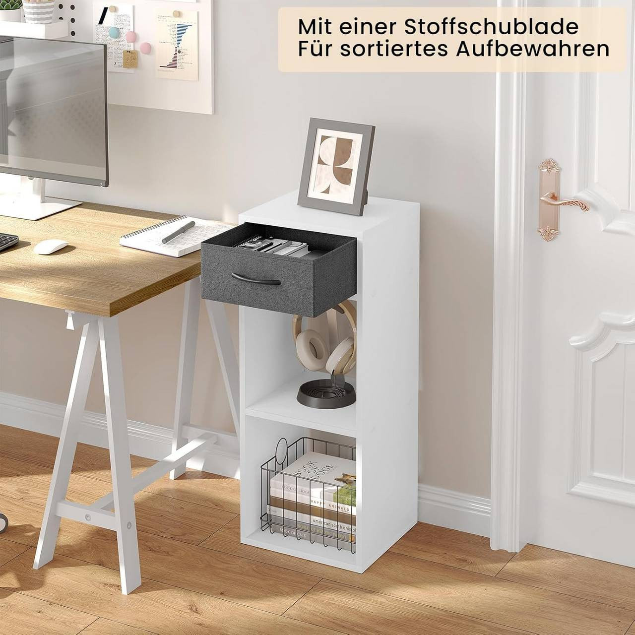 24goodz Bookcase with 3 Levels, 1 Fabric Drawer, 2 Cubes - Space-Saving Design - E1 Wood Material - For Home & Office - White