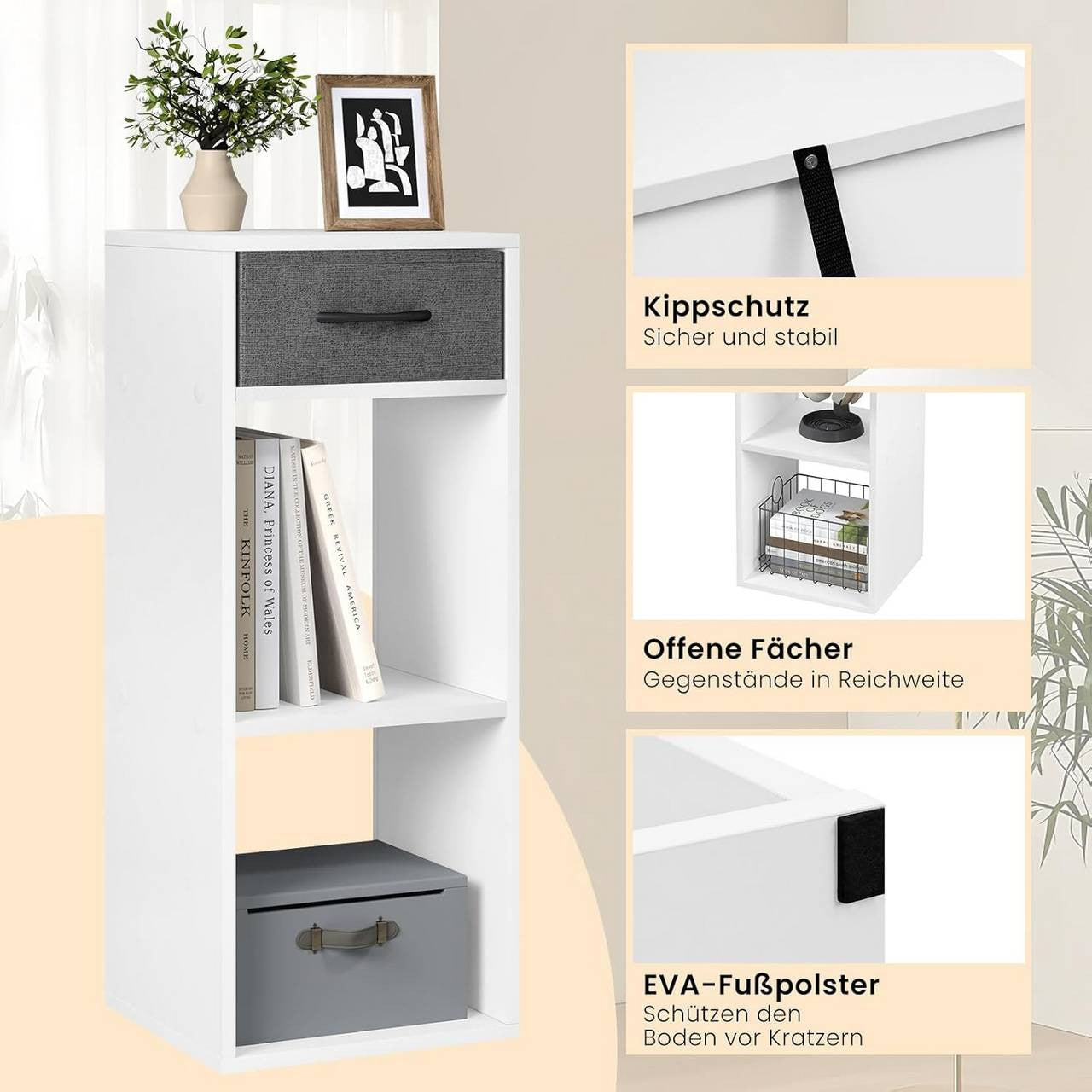 24goodz Bookcase with 3 Levels, 1 Fabric Drawer, 2 Cubes - Space-Saving Design - E1 Wood Material - For Home & Office - White