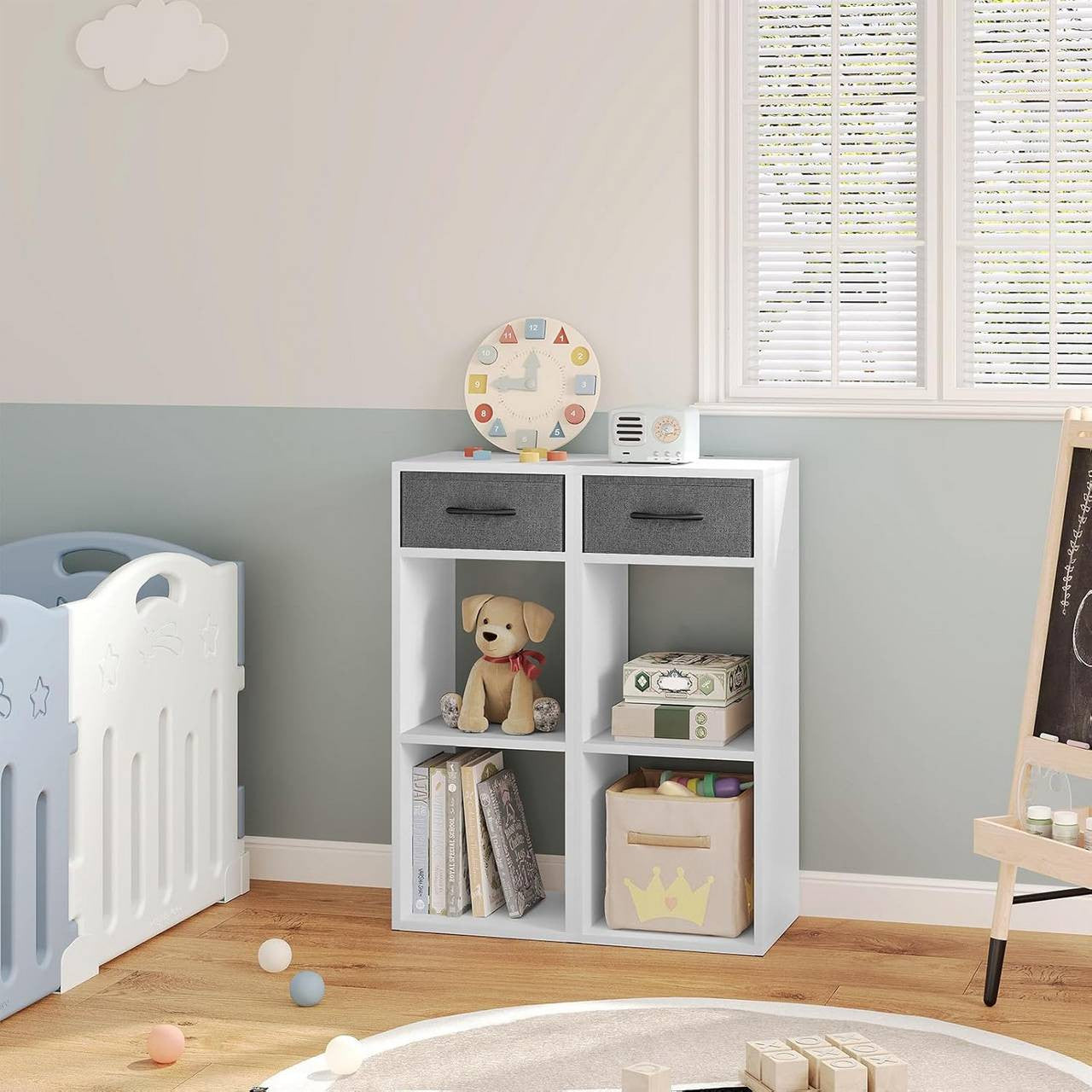 24goodz Bookcase with 3 Levels, 1 Fabric Drawer, 2 Cubes - Space-Saving Design - E1 Wood Material - For Home & Office - White