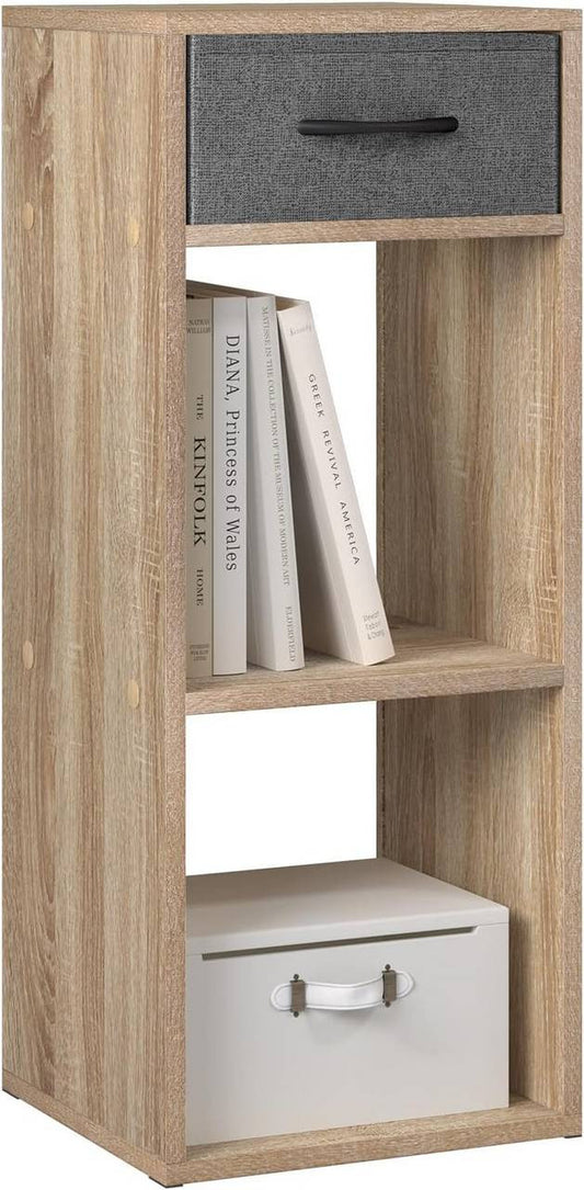 24goodz Bookcase with 3 Levels, 1 Fabric Drawer, 2 Cubes - Space-Saving Design - E1 Wood Material - For Home & Office - Light Oak