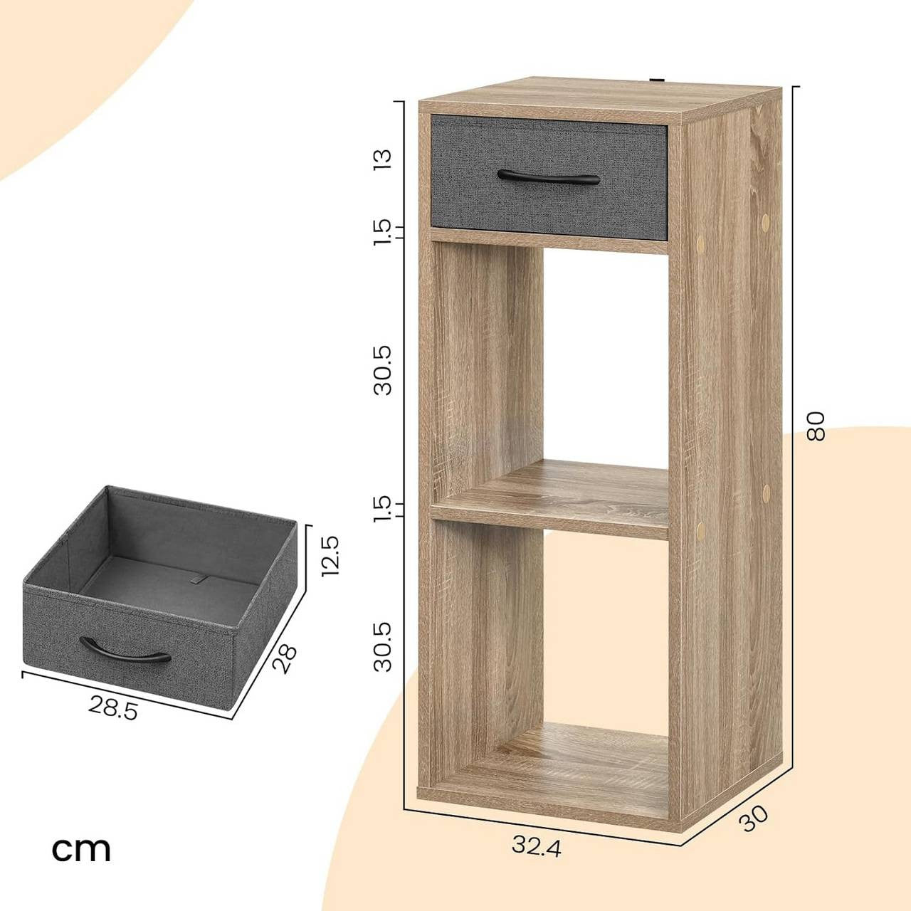 24goodz Bookcase with 3 Levels, 1 Fabric Drawer, 2 Cubes - Space-Saving Design - E1 Wood Material - For Home & Office - Light Oak