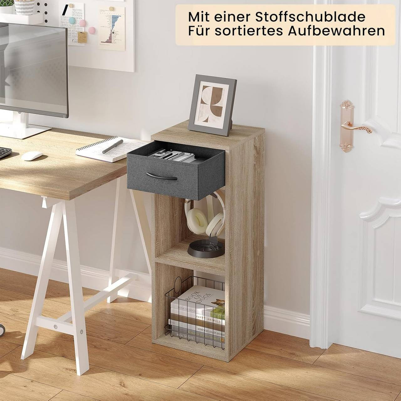 24goodz Bookcase with 3 Levels, 1 Fabric Drawer, 2 Cubes - Space-Saving Design - E1 Wood Material - For Home & Office - Light Oak