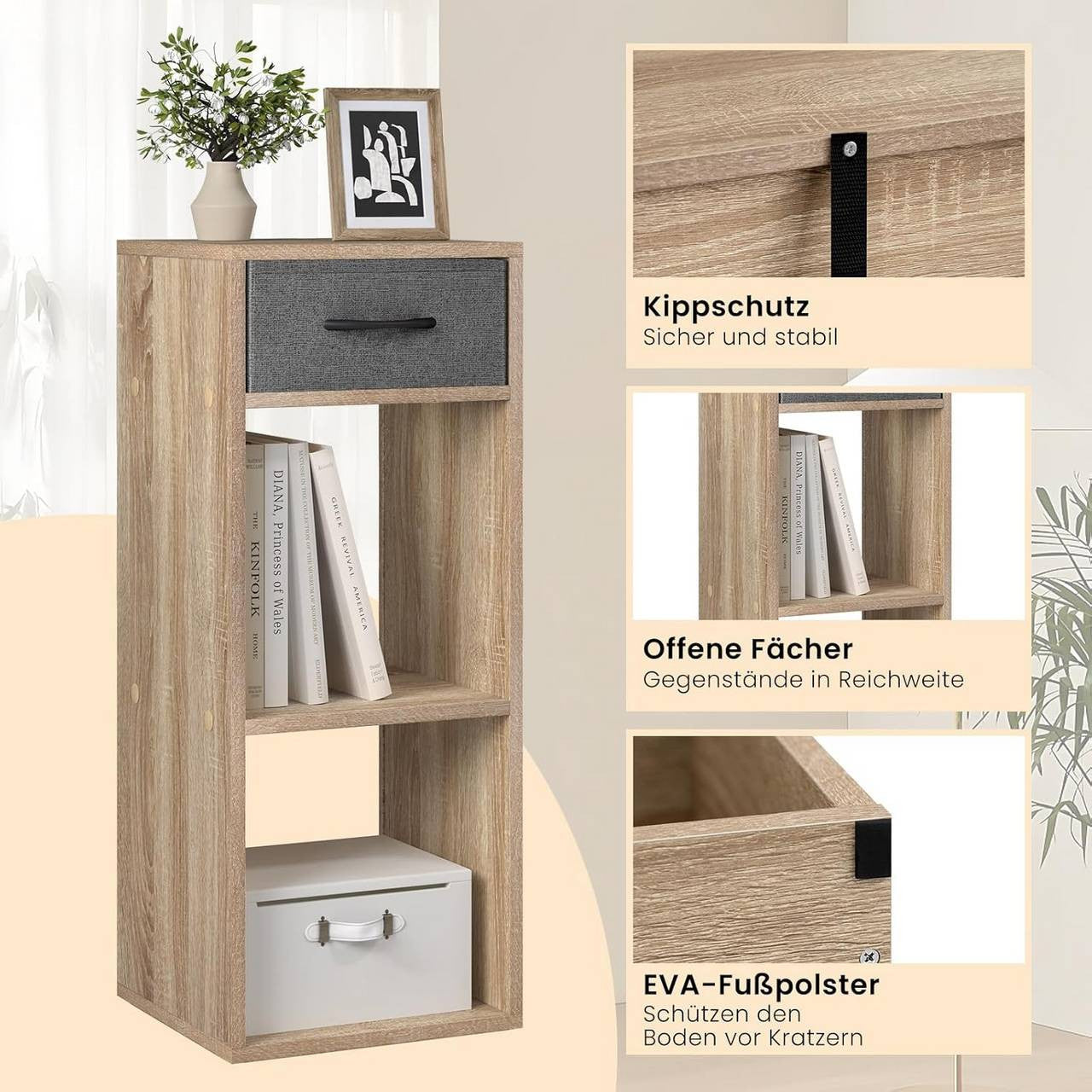 24goodz Bookcase with 3 Levels, 1 Fabric Drawer, 2 Cubes - Space-Saving Design - E1 Wood Material - For Home & Office - Light Oak