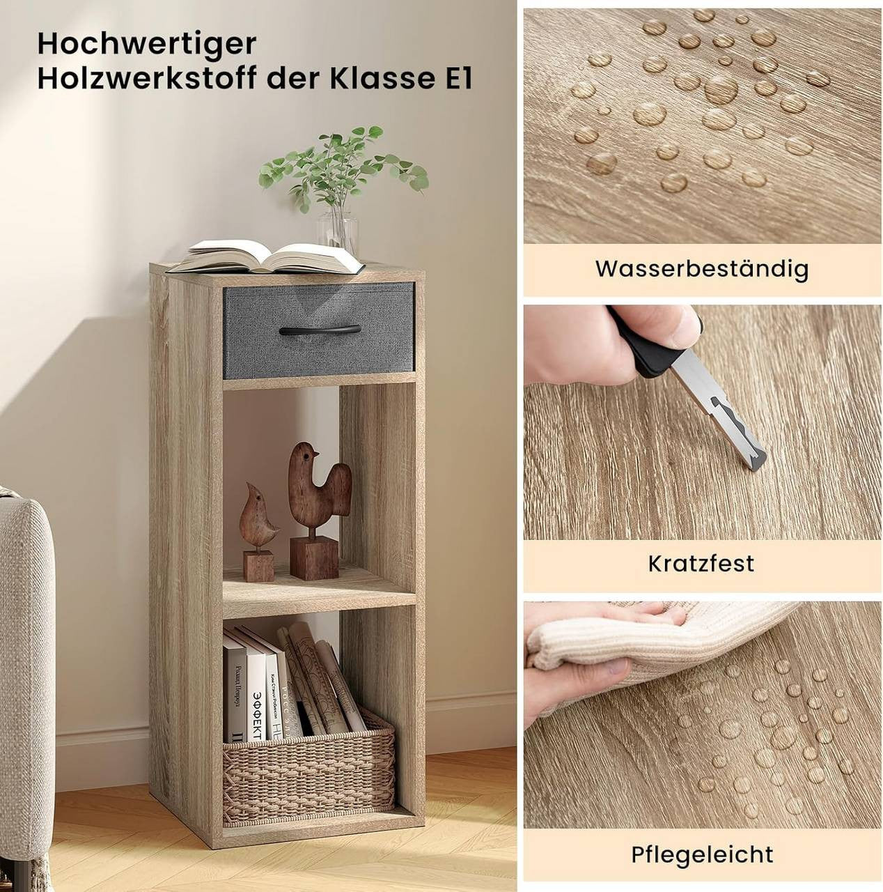 24goodz Bookcase with 3 Levels, 1 Fabric Drawer, 2 Cubes - Space-Saving Design - E1 Wood Material - For Home & Office - Light Oak